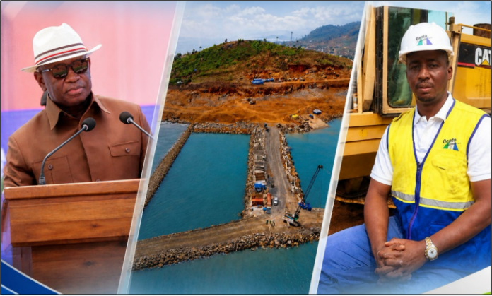Collage of three scenes: a man in a white hat giving a speech at a podium, a coastal construction site with a bridge, and a construction worker in a yellow safety vest beside heavy machinery.