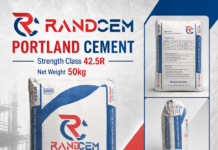 As It Sets High Benchmark… FAWAZ Building Materials Champions Safer Construction with Top-Quality RANDCEM Cement Large Randcem Portland Cement bag, 50 kg, featured in a construction-ad style poster showing high strength and consistent quality fonts and logos.