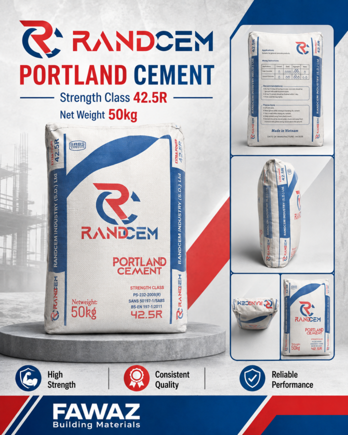 Large Randcem Portland Cement bag, 50 kg, featured in a construction-ad style poster showing high strength and consistent quality fonts and logos.