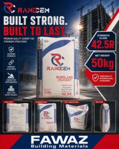 Randem Portland cement bag (50 kg) with strength class 42.5R, shown against a construction site backdrop; FAWAZ branding at bottom.
