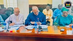 Government officials in a finance ministry meeting, seated around a wooden table with microphones, documents, and water bottles; Sierra Leone Ministry seal visible in background.