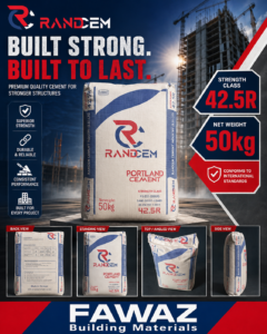 Randcem Portland cement advertisement featuring a cement bag against a construction-site backdrop with the slogan 'Built Strong. Built to Last.'