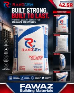 | The Calabash Newspaper Randcem Portland cement ad featuring a large 50kg cement bag with the logo and the slogan 'Built Strong. Built to Last.' on a dark blue/red background, with small product thumbnails on the right and FAWAZ Building Materials branding at the bottom.