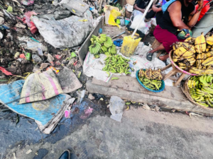 Street market scene with bags and piles of trash along a curb, and baskets of green and ripe bananas for sale by vendors sitting on the curb.