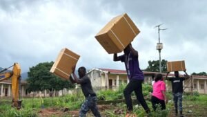 People carrying large cardboard boxes in a field, with construction equipment and a few buildings in the background during daytime aid work.