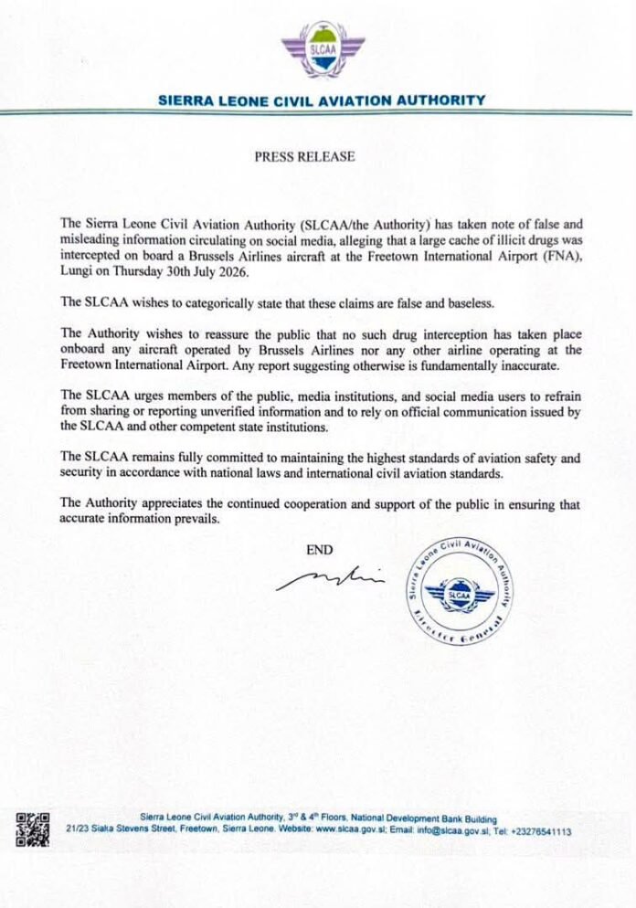 Press release from Sierra Leone Civil Aviation Authority about false drug-allegation claims on a Brussels Airlines flight, with SLCAA seal.