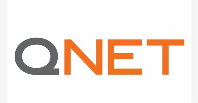 QNET brand logo featuring a gray Q and orange NET on a white background
