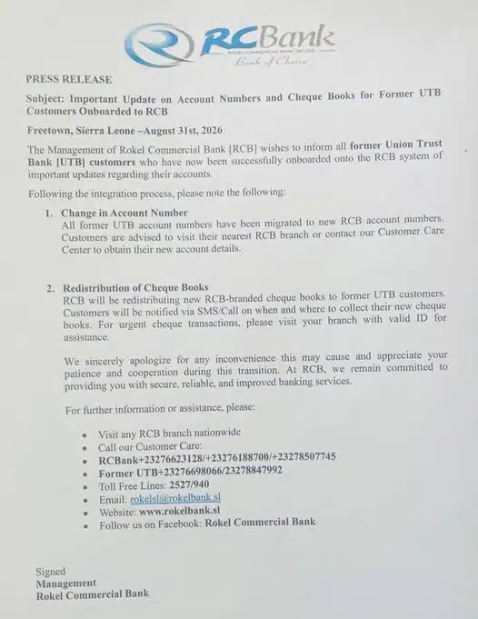 Formal press-release letter from RCB Bank about changing account numbers and distributing new cheque books to former UTB customers, dated Freetown, Sierra Leone, August 31, 2026.