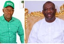 Hon. Musa Tarawally’s Lawyers Warn of Court Action if SLPP Chairman Fails to Retract Letter Two men posing for a photo: left man in a green checkered shirt and a green BIO cap, right man in white traditional attire seated on a gold ornate chair.