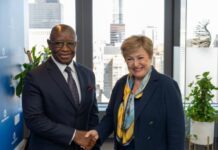 At the 81st UNGA… IMF Managing Director Commends President Bio on Sierra Leone’s Macroeconomic Progress Two business professionals shake hands in a bright office with large windows and potted plants at the city skyline backdrop.