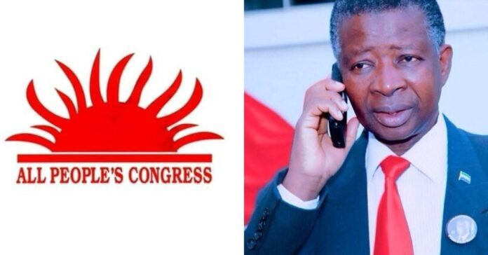 Split image: left shows the All People's Congress logo (red sunburst and text); right shows a man in a suit with a red tie talking on a cellphone.