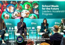 At High-Level UNGA Event… Information Minister Links School Meals to Education, Agriculture & National Self-Reliance Panel discussion on 'School Meals for the Future: Leaders Accelerating Progress' with four speakers on a turquoise stage and audience in front