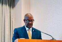 Health Minister Seeks Global Support at UNGA to Sustain Sierra Leone’s Triple Zero Campaign Man in a blue suit giving a speech at a podium with a banner reading '300 Days of Activism for Triple Zero'