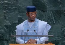 President Bio Calls for Greater Global Investment in Peace and Development Over Military Spending Man in light blue traditional attire and cap speaks at a UN podium with microphones and the UN emblem behind him.