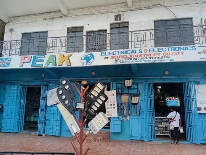 Exterior of PEAK Electricals & Electronics storefront with blue doors open and outdoor lighting fixtures displayed on a rack in front of the shop.