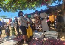 Caritas Freetown, CAFOD Donate Building Materials to 40 Households in Western Area Group of people at an outdoor aid event under a leafy tree, exchanging a box while cement bags and metal roofing sheets lie nearby