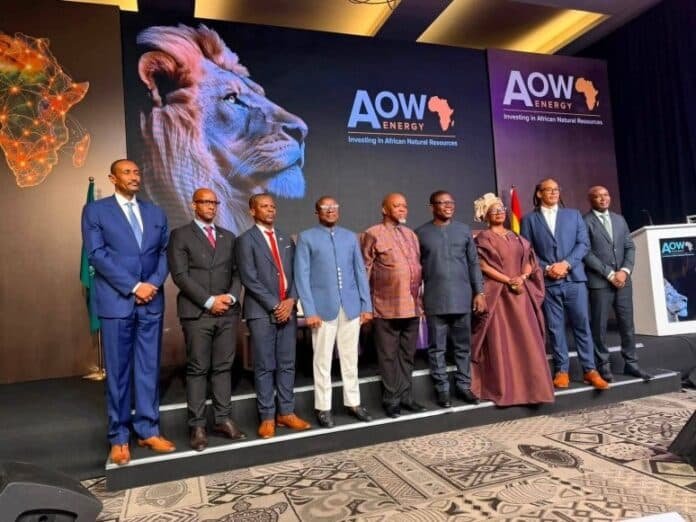Group of dignitaries in formal attire posing on a stage at an AOW Energy event, with a large lion mural and Africa map backdrop.