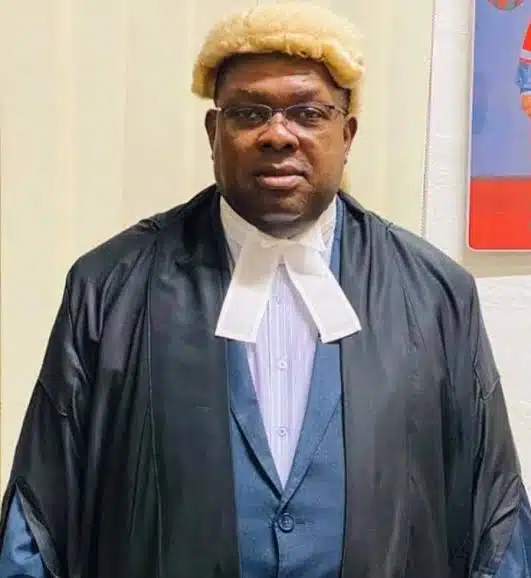 Man wearing a black judge's gown and white barrister neckbands with a blonde wig, looking at the camera.