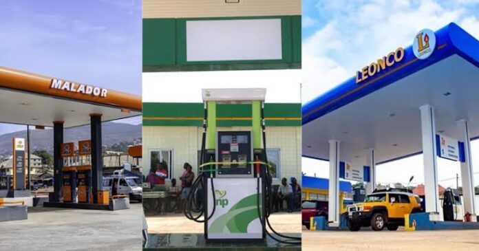 Triple-panel image of three gas stations: Malador on the left, a green-and-white center pump area, and Leònco on the right.