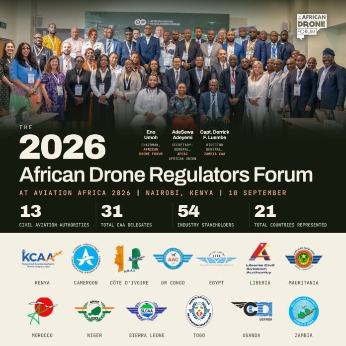 Group photo of attendees at the 2026 African Drone Regulators Forum in Nairobi, Kenya, with the event title on a banner; below are numbers: 13 Civil Aviation Authorities, 31 delegates, 54 industry stakeholders, 21 countries represented, followed by rows of national aviation logos.