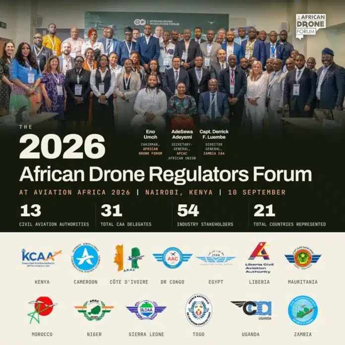 Group photo of attendees at the 2026 African Drone Regulators Forum in Nairobi, Kenya, with the event title on a banner; below are numbers: 13 Civil Aviation Authorities, 31 delegates, 54 industry stakeholders, 21 countries represented, followed by rows of national aviation logos.