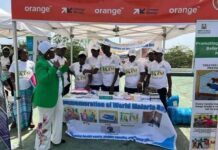 U.S.–Sierra Leone Partnership Boosts Fight Against Malaria, HIV and COVID-19 Group of volunteers at an outdoor World Malaria Day information booth under an orange banner.