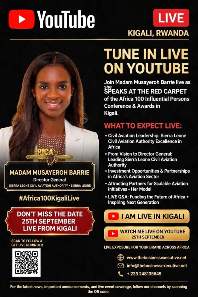 Promotional poster for YouTube Live in Kigali, Rwanda featuring Madam Musayeroh Barrie, Director General, Sierra Leone Civil Aviation Authority, inviting viewers to tune in.