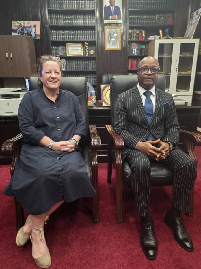 Two professionals sit in leather chairs in a dark wood library, facing the camera; woman in navy dress, man in a pinstripe suit with a blue tie.