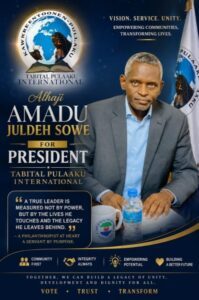 Campaign poster advertising Ahaji Amadu Juldeh Sow for president, featuring party logos and the slogan Vision. Service. Unity.