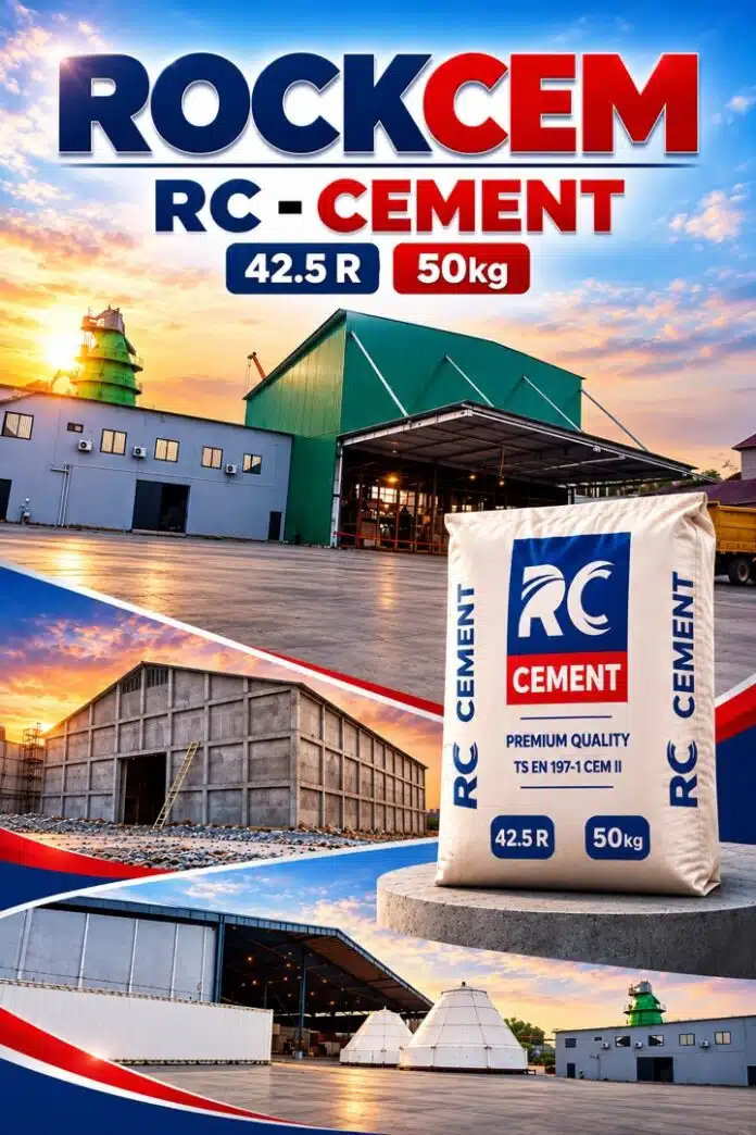 Promotional image showing ROCKCEM RC-CEMENT branding, a large cement bag labeled 42.5R 50kg, and industrial cement facilitys in the background.