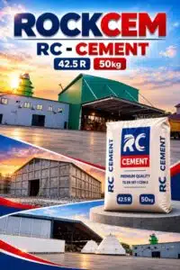 ROCKCEM RC Cement 42.5 R promotional poster showing a 50 kg bag and industrial buildings.