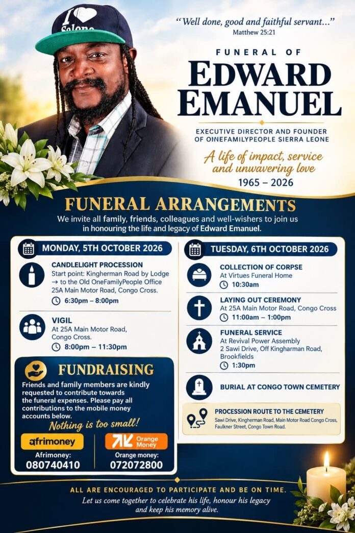 Portrait of Edward Emanuel for a funeral program with flowers and bold 'Funeral Arrangements' text on a blue-gold banner