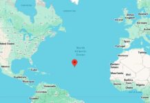 Freetown Tremors Spark Concern as 6.8 Magnitude Earthquake Reported in Atlantic Ocean Map showing a red pin in the central North Atlantic Ocean, with North America to the west and Europe and Africa to the east.