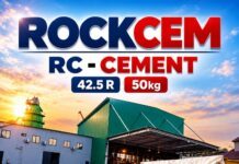 ROCKCEM Boosts Cement Production and Distribution with Modern Grinding Mill, 50-Vehicle Fleet and New Songo Warehouse Promotional collage for RockCem RC-Cement with a large RC Cement bag in front of industrial cement facilities and a sunset sky, emphasizing 42.5R 50 kg specs.