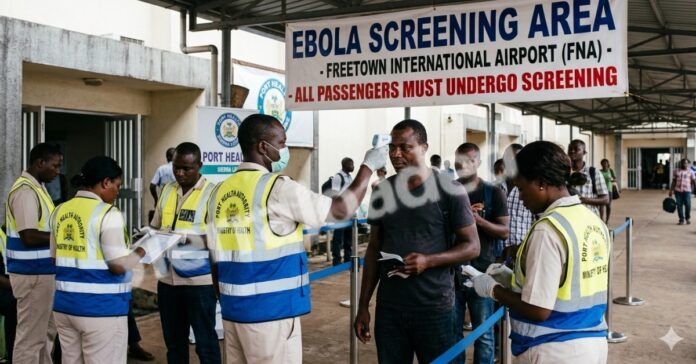 Airport health screening scene: staff in high-visibility vests measure passengers' temperatures at the Ebola screening area sign, Freetown (FNA).