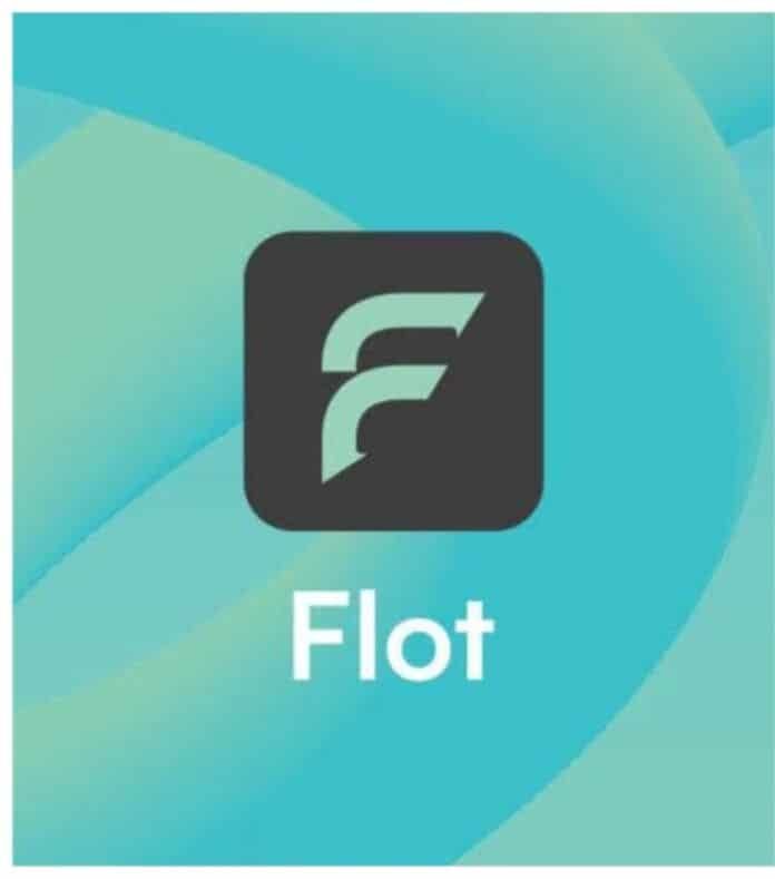 Flot app logo: dark rounded-square icon with a light green stylized 'f' on a teal gradient background, representing the brand.