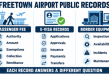 Securiport at Freetown Airport and What the Public Records Show Freetown Airport Public Records infographic showing three categories: Passenger Fee, E-Visa Records, Border Equipment with list items under each.