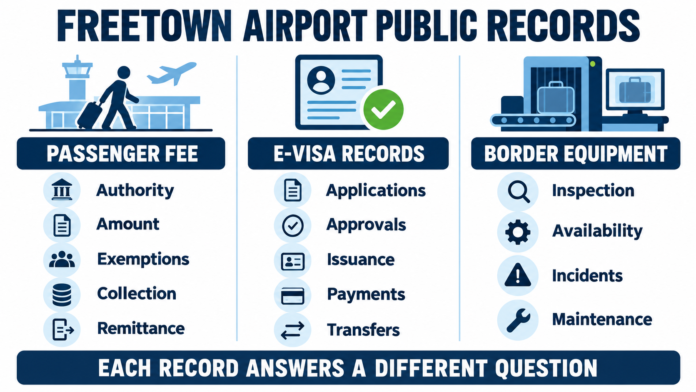 Freetown Airport Public Records infographic showing three categories: Passenger Fee, E-Visa Records, Border Equipment with list items under each.