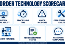 Measuring Border Technology at Freetown Airport Border Technology Scorecard showing seven metric tiles: System Availability, Processing Time, Major Incidents, Open Equipment Faults, Staff Training, Recommendation Status, and Passenger Complaints.