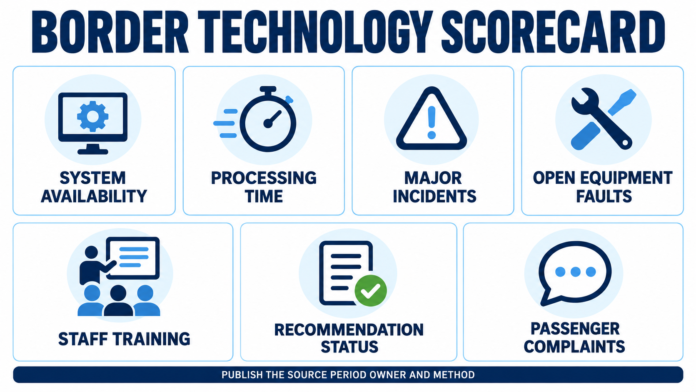 Border Technology Scorecard showing seven metric tiles: System Availability, Processing Time, Major Incidents, Open Equipment Faults, Staff Training, Recommendation Status, and Passenger Complaints.