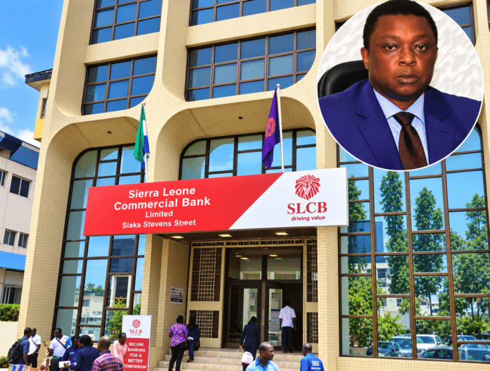 Facade of Sierra Leone Commercial Bank building with red signage, flags, and people outside; circular inset of a man in a blue suit.