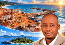 Gento Group: Connecting the World with $2.7 Billion Banana Island Port and $3.2 Billion Railway Project Professional man in a beige suit sits with folded arms, overlaid with a coastal construction site and an underwater cross‑section showing depths of 22 m and 23 m.