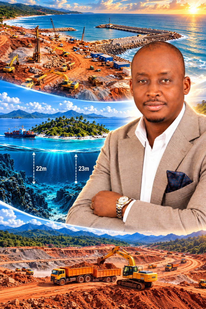 Professional man in a beige suit sits with folded arms, overlaid with a coastal construction site and an underwater cross‑section showing depths of 22 m and 23 m.