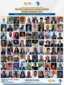 | The Calabash Newspaper Poster collage of 100 Sierra Leonean leaders selected for the 100 Most Influential Sierra Leonean Leaders Awards 2026.