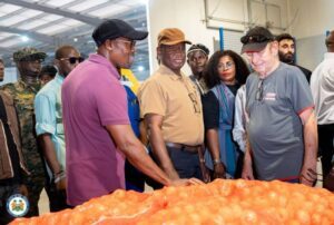 | The Calabash Newspaper Diverse group of people in an industrial setting gathered around a large orange textured object on a table, looking at a demonstration.