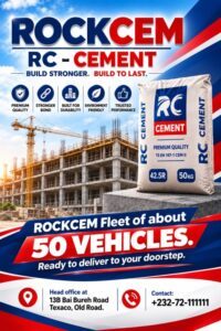 RockCem cement ad poster showing a building site, a large cement bag, and bold branding emphasizing quality and fleet of 50 vehicles.